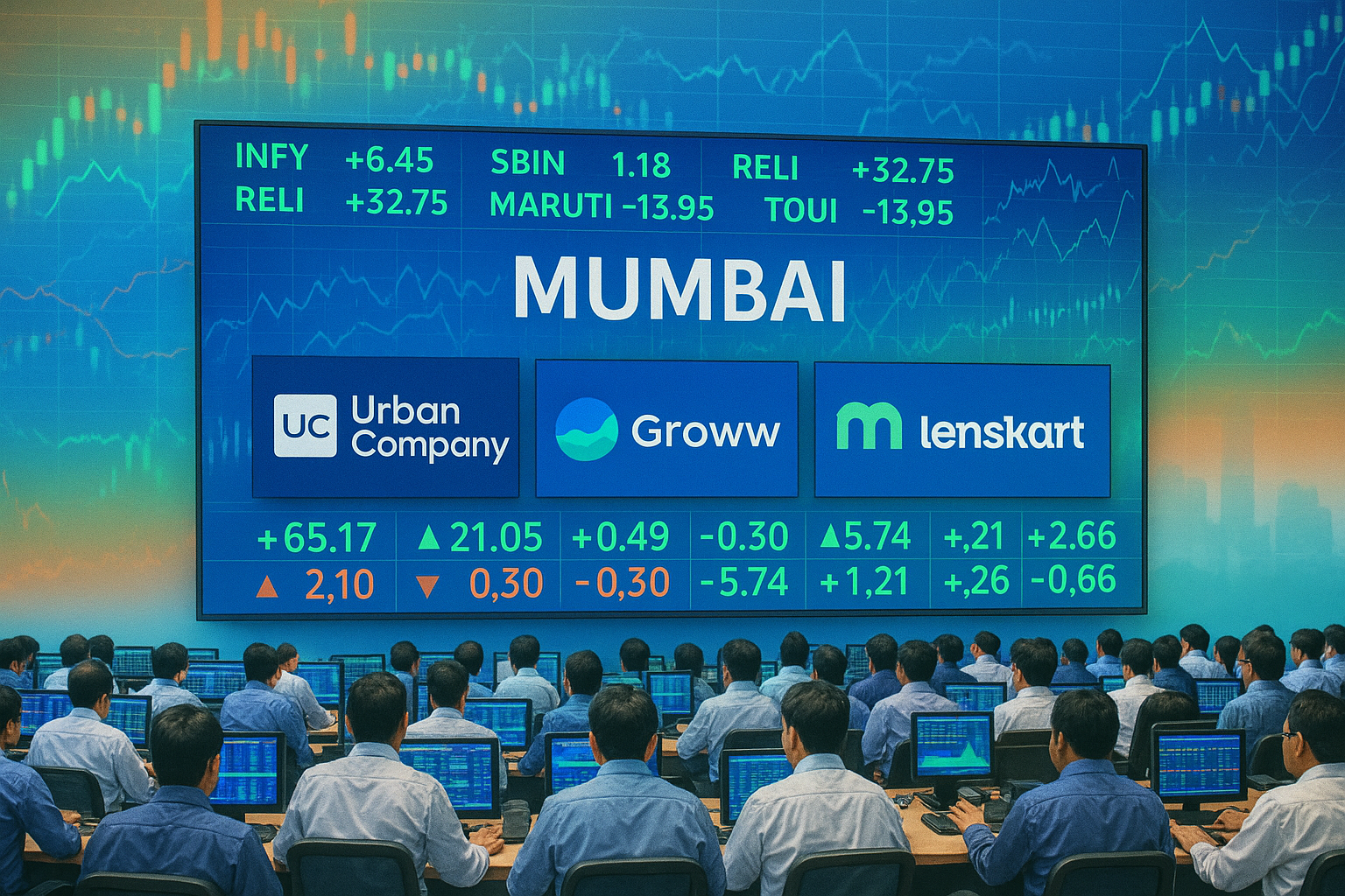 Mumbai stock exchange with startup logos