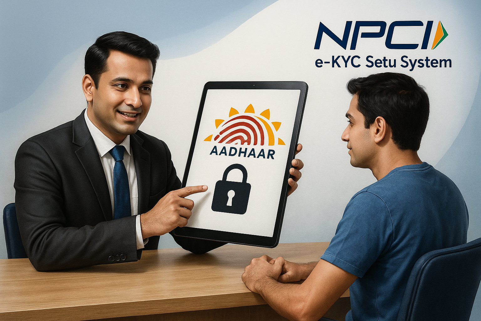 Financial intermediary using NPCI’s e-KYC Setu System for Aadhaar-based onboarding with digital Aadhaar verification visuals.