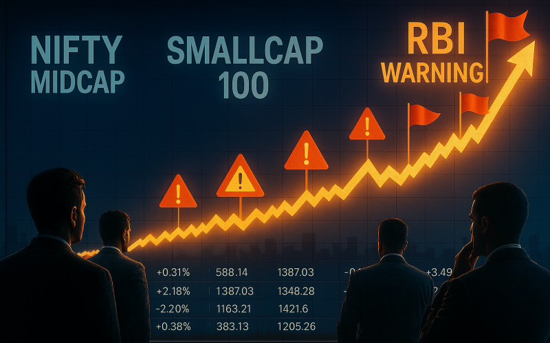 Stock market dashboard with rising midcap and smallcap indices and RBI caution indicators in the background.