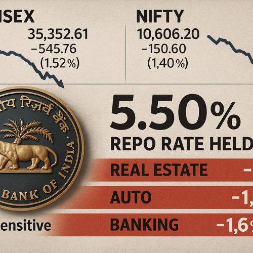 RBI Holds Repo Rate at 5.5%; Sensex, Nifty Decline Amid Mixed Reactions from Rate-Sensitive Sectors