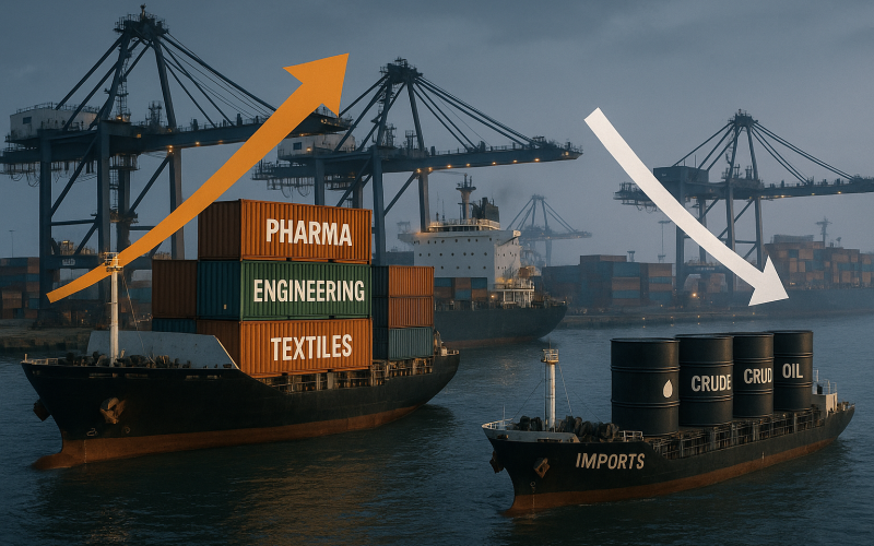 India’s Trade Deficit Narrows in August as Exports Rise and Imports Fall