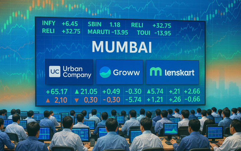Mumbai stock exchange with startup logos